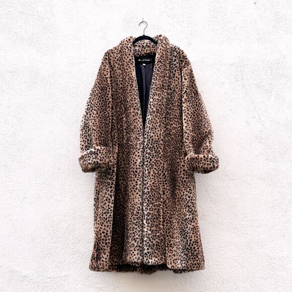 Vintage 90s Y2K American Signature Leopard Animal Print Faux Fur Coat Duster XL - Picture 1 of 7